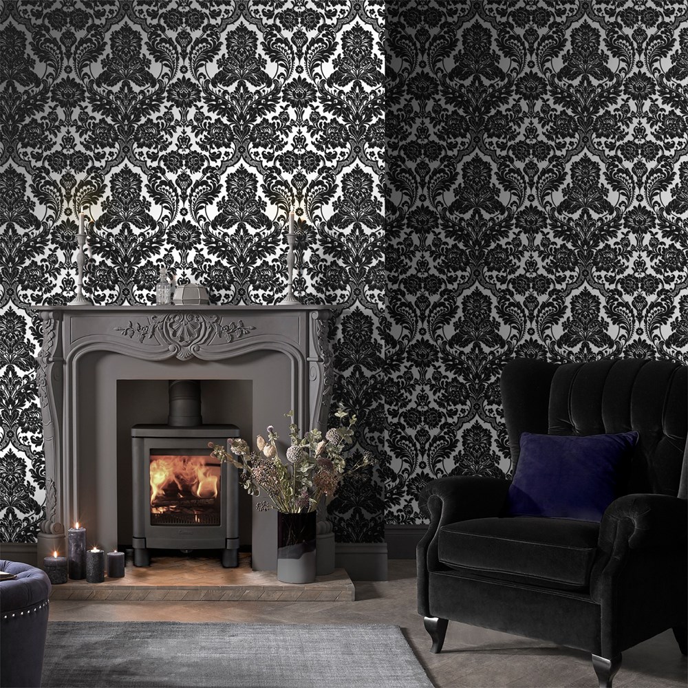 Gothic Damask Flock Wallpaper 104562 by Graham & Brown in Black Silver